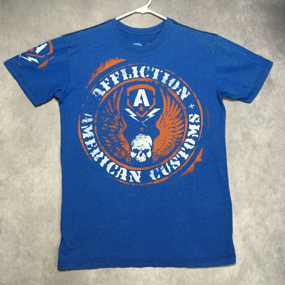 Affliction Graphic T Shirt Adult size Large Blue Made USA Mens Tee MMA‎ Skull